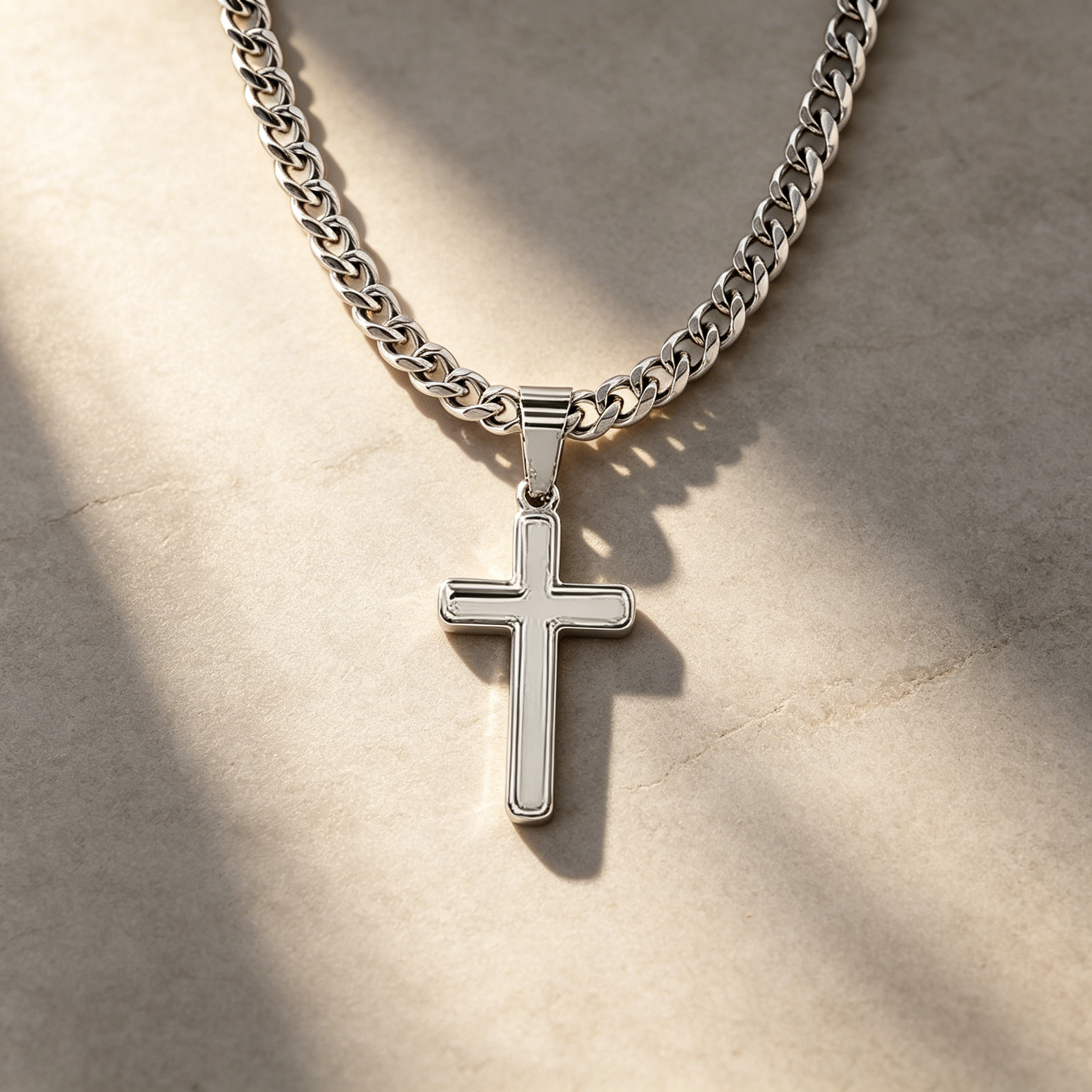 Stainless steel cross necklace with 5 mm Cuban link chain