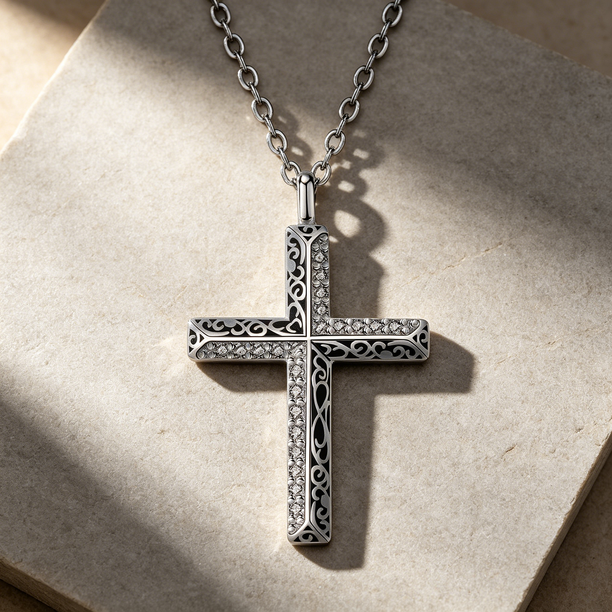 Retro cross necklace with textured oxidized silver-tone pendant