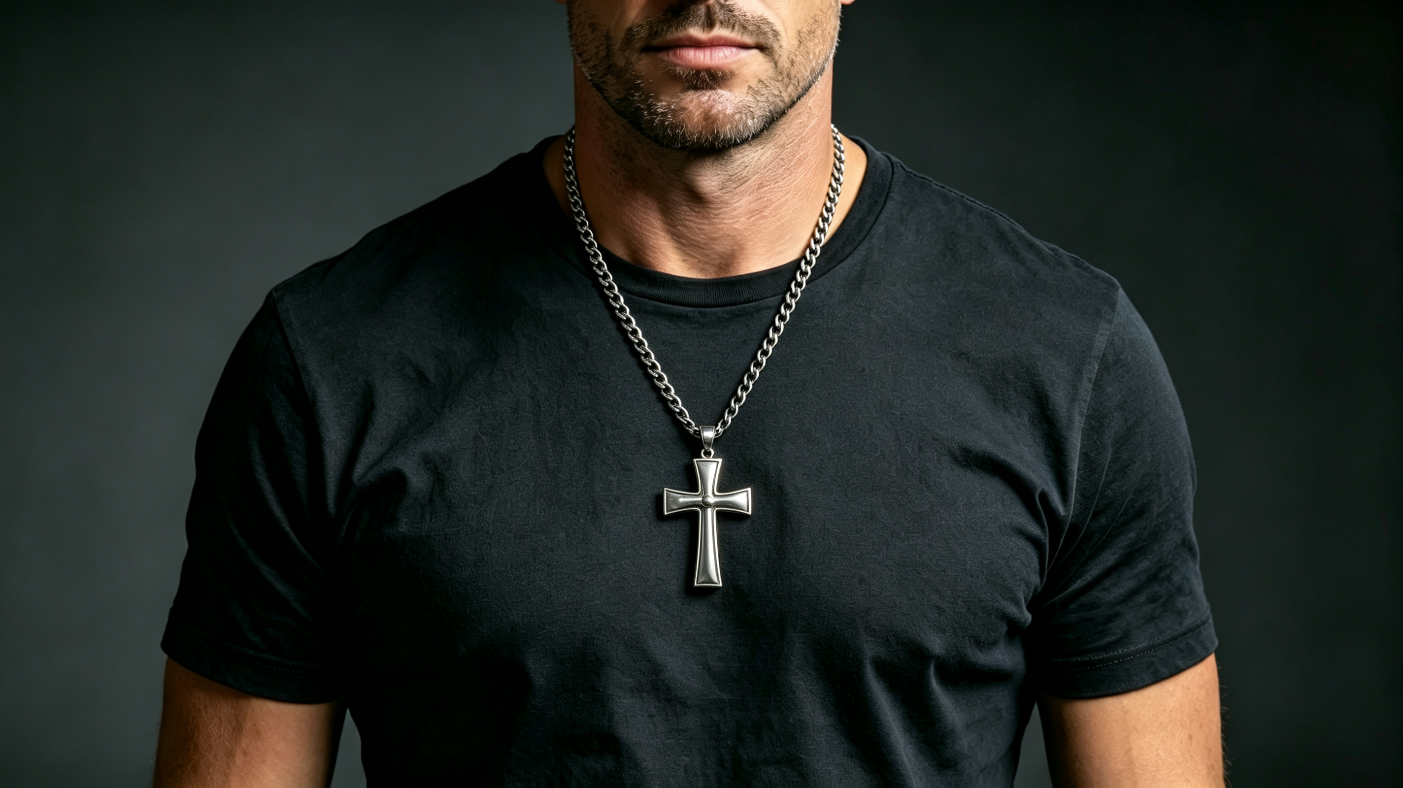 Large cross necklace for men worn over a dark T-shirt