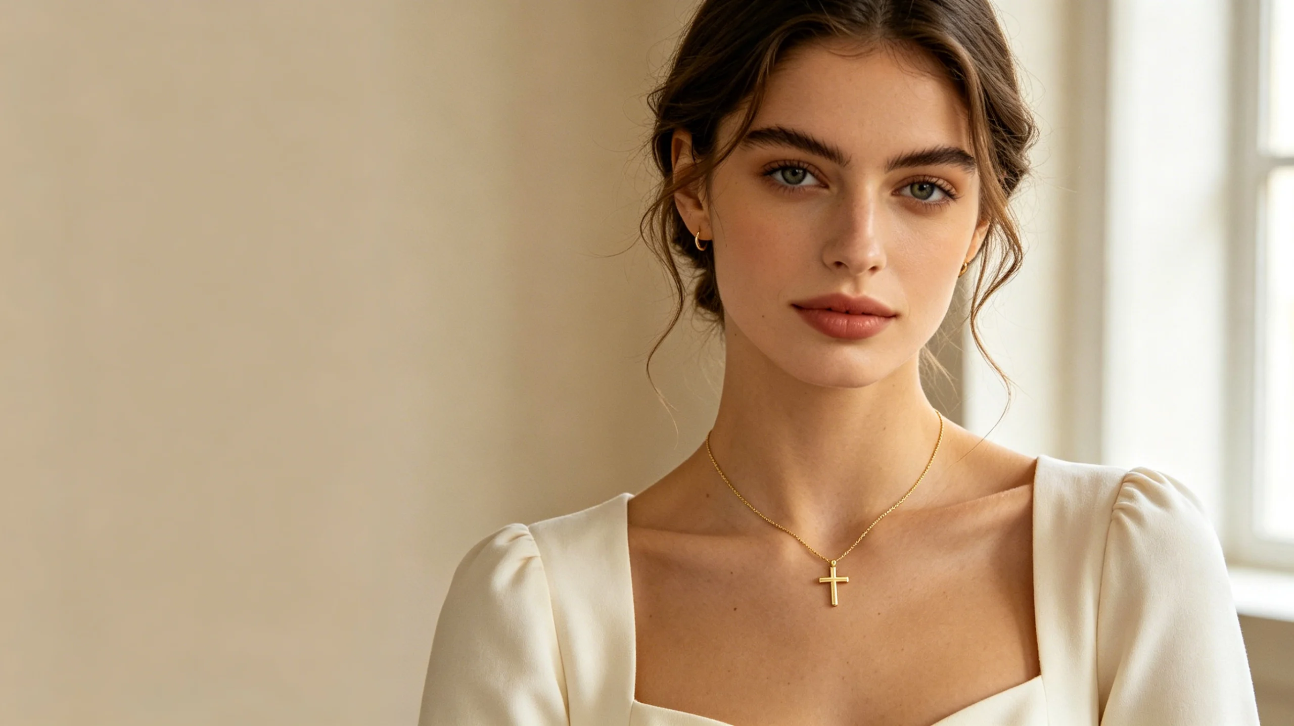 Woman wearing a delicate gold cross necklace in natural light