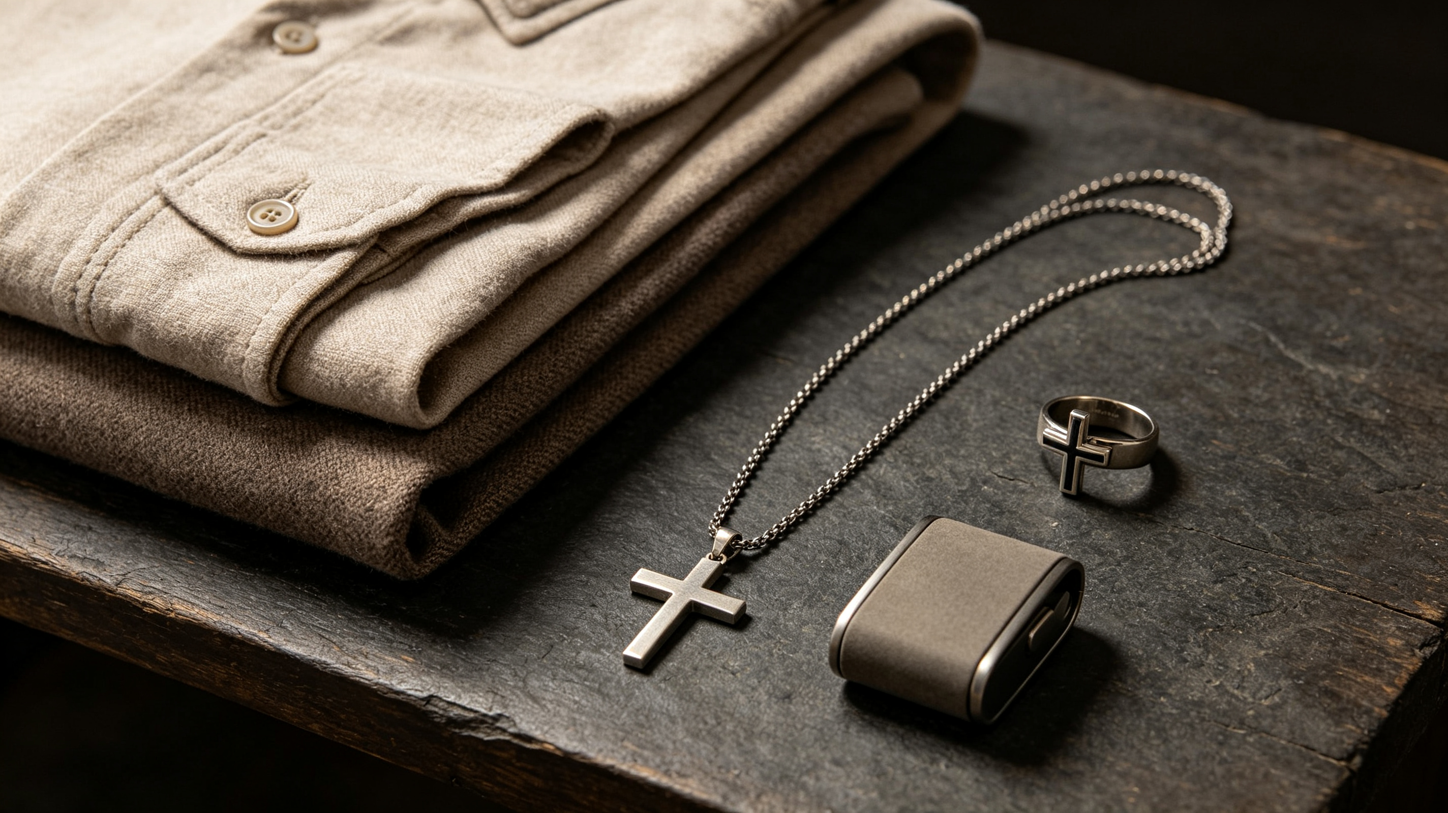 Men's cross jewelry collection with necklace and ring